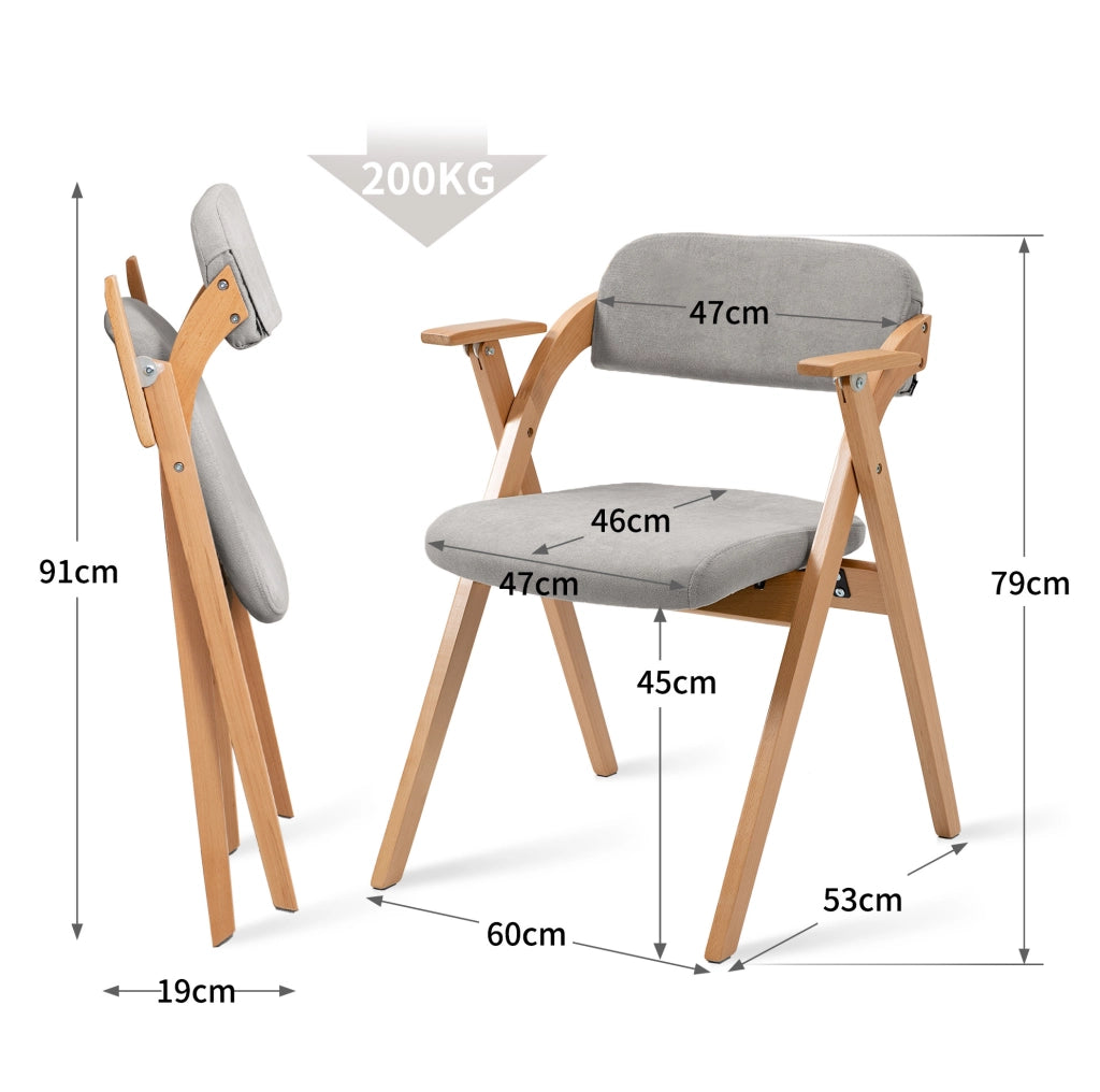 Set 2 sedie pieghevoli con braccioli in legno grigio imbottite impilabili