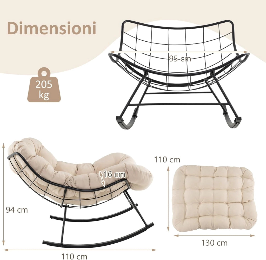 Sedia a Dondolo, Poltrona Relax Ergonomica, Poltrona Sovradimensionato con Cuscino Imbottito, Sedia a Uovo con Struttura Metallica, per Soggiorno Portico Giardino, Portata 205 kg (Beige)