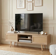 Mobile TV 1400x40x45 cm con ante scorrevoli e ripiani regolabili in MDF naturale