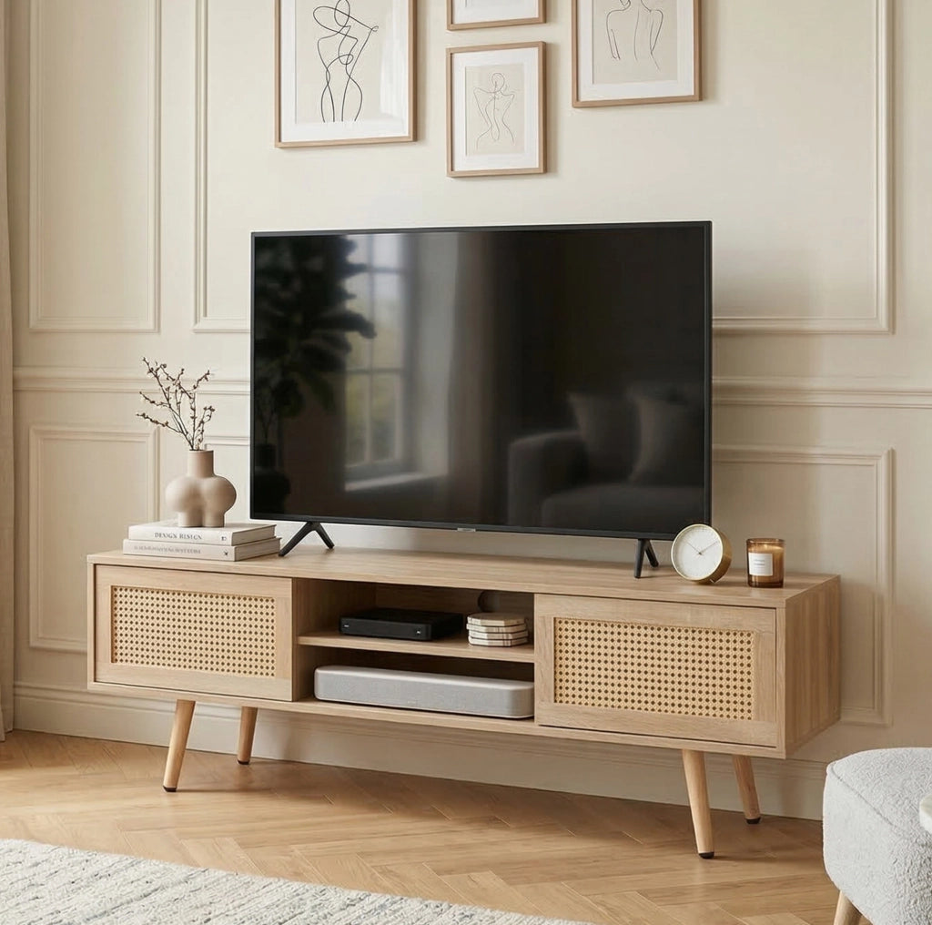 Mobile TV 1400x40x45 cm con ante scorrevoli e ripiani regolabili in MDF naturale