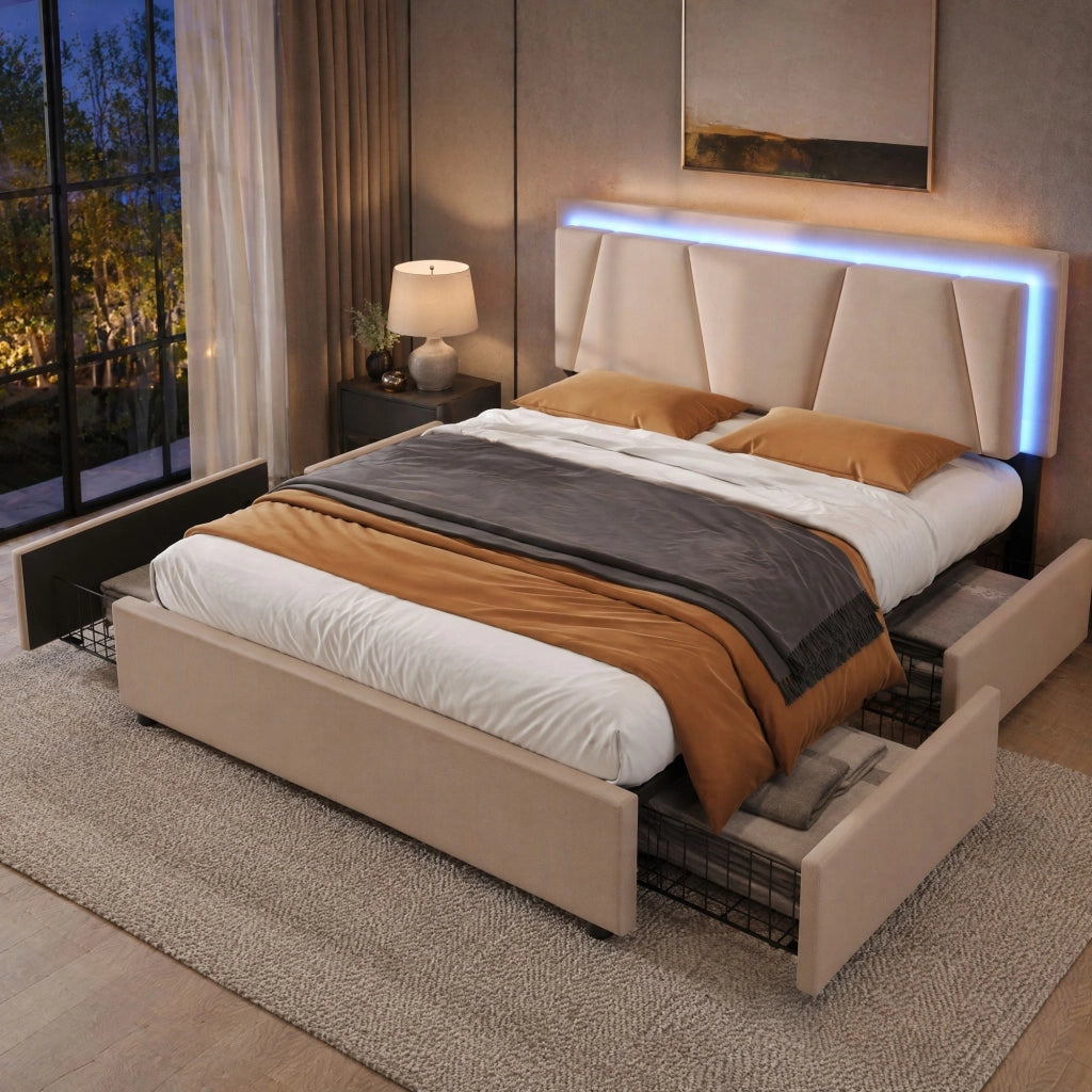 LETTO Contenitore 140x200 cm Beige con LED, 4 cassetti e materasso incluso