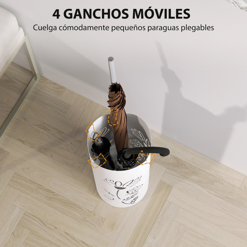 Portaombrelli in Acciaio con 4 Ganci e Bandeja di Drenaggio ¨C zephmum ¨C Bianco 17x17x41 cm