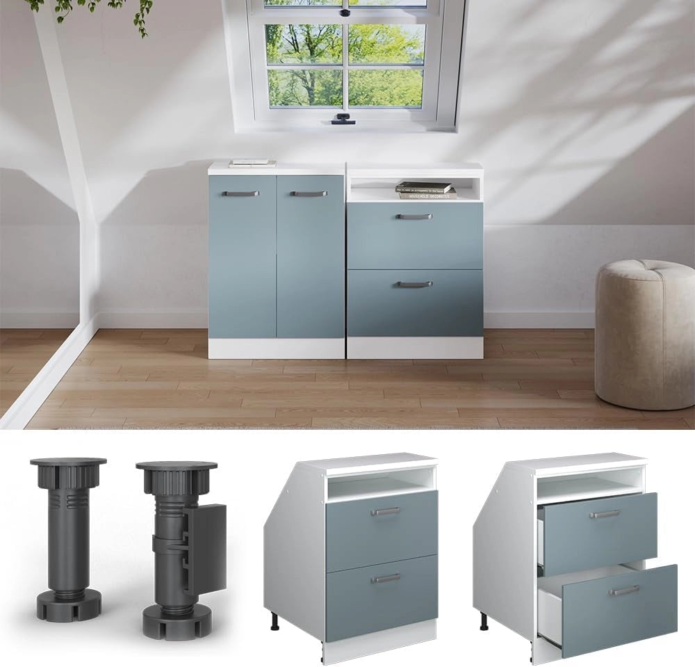 Mobile sottotetto Rion, Grigio-blu, 60 x 81.6 cm con 2 cassetti, carcassa 60 cm profondità, adatto per il salvaspazio sotto tetti spioventi