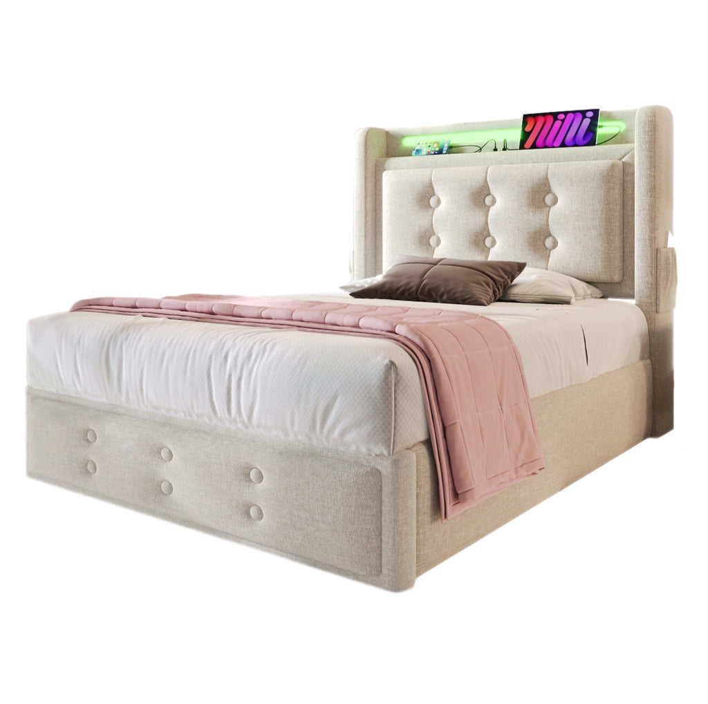 Letto contenitore 90x200 con testiera LED e prese USB; cotone lino beige