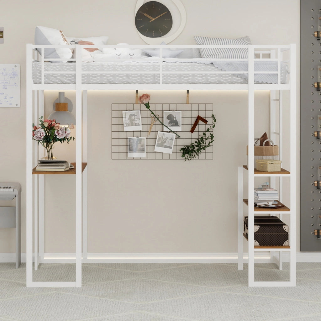 Letto a soppalco 90 × 190 cm con scrivania, scale doppie e spazio sottostante, senza materasso, bianco
