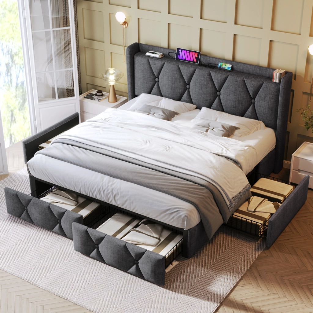 Letto matrimoniale 140x200 cm imbottito con ricarica USB, 4 cassetti, rete in legno e materasso, grigio
