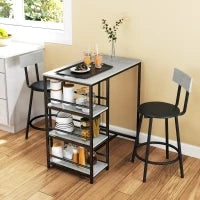 Set da Pranzo 3 Pezzi con Bancone Bar con Ripiani e 2 Sedie Alte con Schienale, Grigio Chiaro