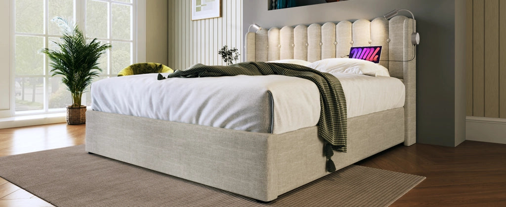 Letto contenitore matrimoniale 140x200 cm con luce da lettura, USB e testiera in lino, colore naturale