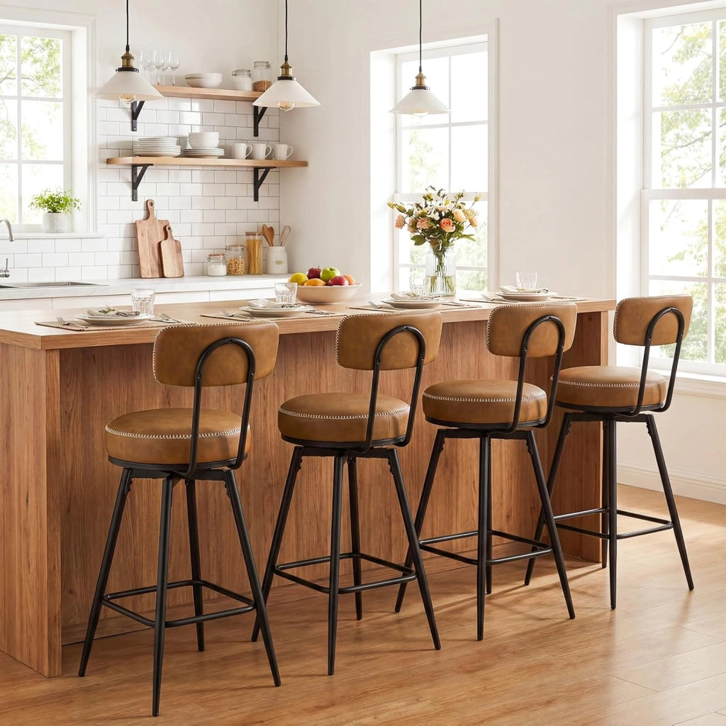 Set di 2 Sgabelli Girevoli, Sedie da Bar Moderne con Schienale Imbottito, Poggiapiedi e Gambe in Metallo, Sgabelli Imbottiti in Similpelle per Isola Cucina e Sala da Pranzo (Marrone, Rotondo)