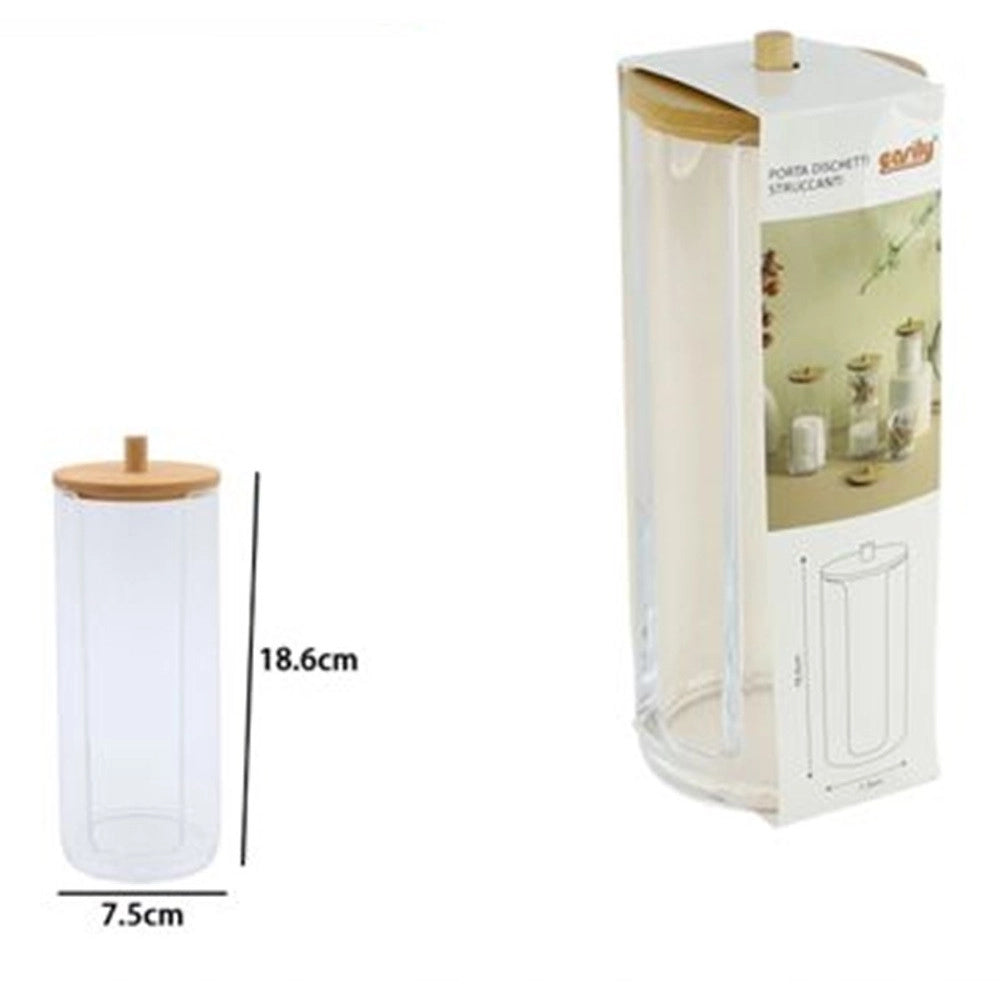 Trade Shop - Dispenser Porta Dischetti Struccanti Trasparente Con Coperchio In Legno 7.5x18.6cm 10824 -