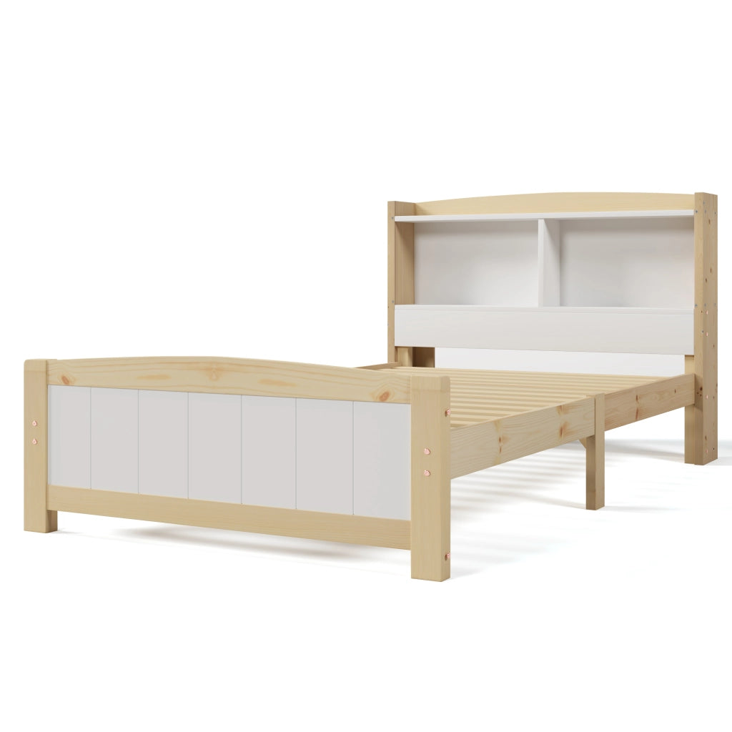 Letto singolo 90x200 cm in legno massello con testiera contenitore, bianco