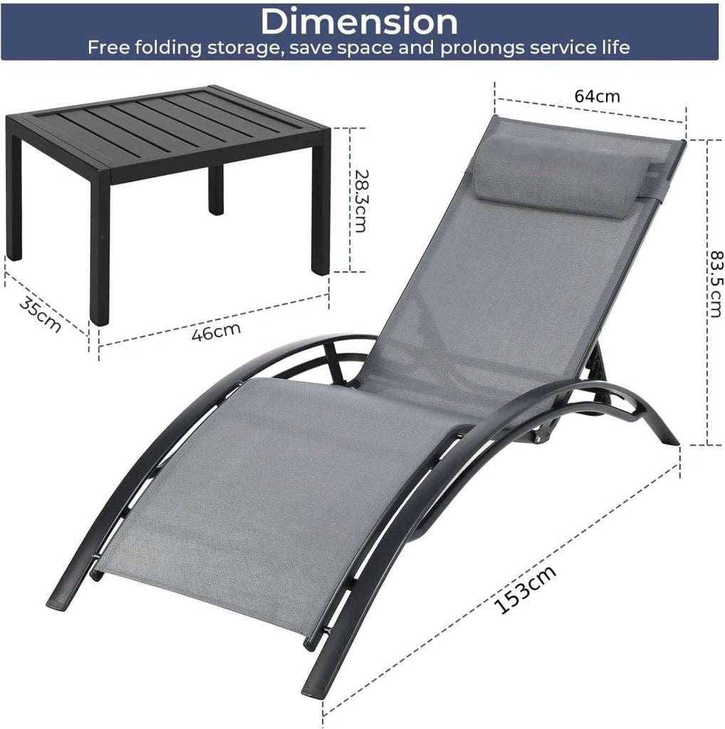 Set 2 Lettino da Giardino Alluminio, Lettino Prendisole, con Tavolo e Cuscino Poggiatesta, Resistente alle Intemperie, Regolabile Sdraio da Giardino, Spiaggia, Piscine, balcone, Grigio, 2 PCS