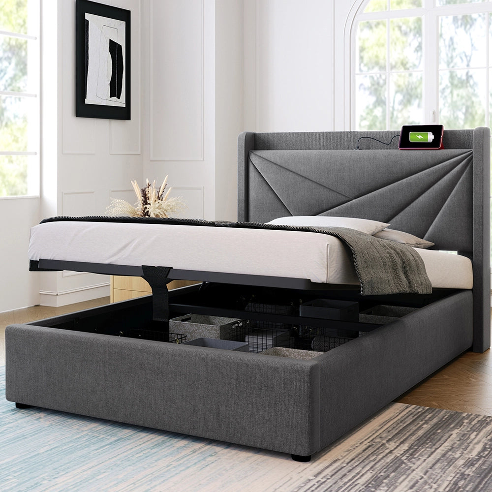 Letto a cassettoni imbottito - Xylo - 90x200 cm - Grigio - Testiera con USB