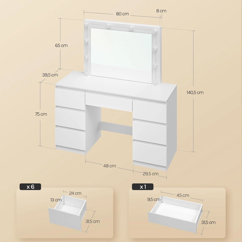 Toeletta da Trucco, con Specchio e Luci LED, Luminosità Regolabile, Tavolo da Trucco, con 7 Cassetti, Postazione Make Up, 107x39,5x140,5cm, Cassettiera in Legno, Bianco, MB6099ws