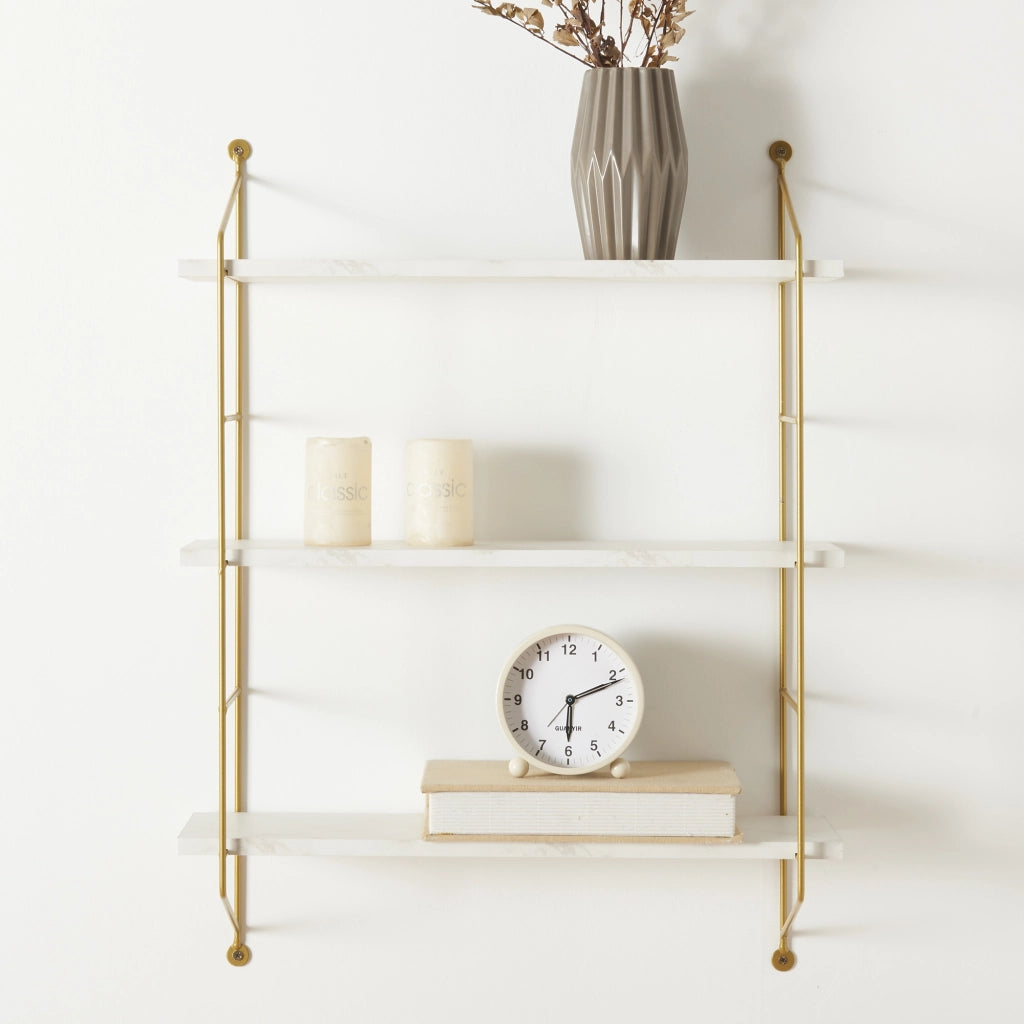 Scaffale da Parete Ösel a 3 Ripiani Regolabili 48 x 15 x 63.5 cm Effetto Marmo Bianco / Oro [en.casa]