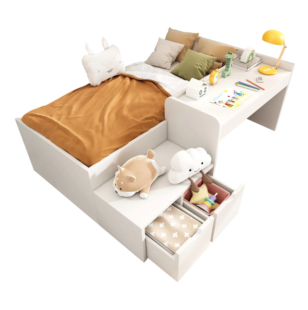Letto per bambini con scrivania e 2 cassetti; 90x200 cm; legno massello di pino e MDF; bianco