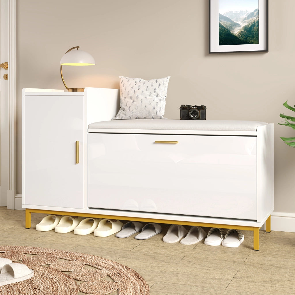 Scarpiera con seduta 100 x 38 x 68 cm, bianco e oro, con 2 ripiani, 1 vano e finitura lucida
