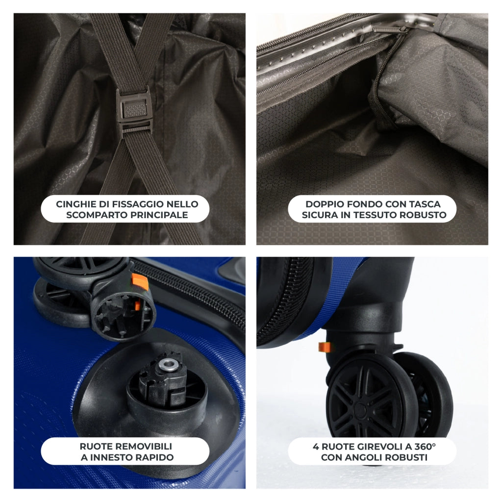 Trolley Bagaglio Mano Rigido 54x33x22 Piccolo Ultraleggero Valigia In Abs Con 4 Ruote Rimovibili Manico Chiusura Di Sicurezza Per Compagnie Low Cost Economy Zaino Da Viaggio Blu Royal