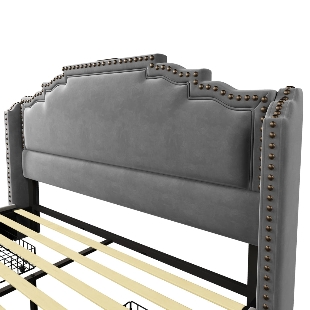 Letto matrimoniale ULEVR 140x200 cm con 4 cassetti, LED, USB e USB-C, velluto grigio