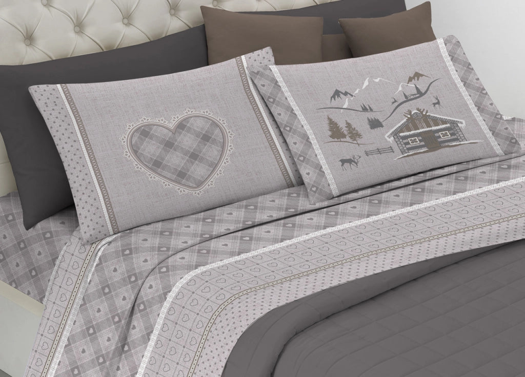 Completo Lenzuola Flanella Pensieri Delicati 100% Cotone Disegno Chalet - Singolo - Beige