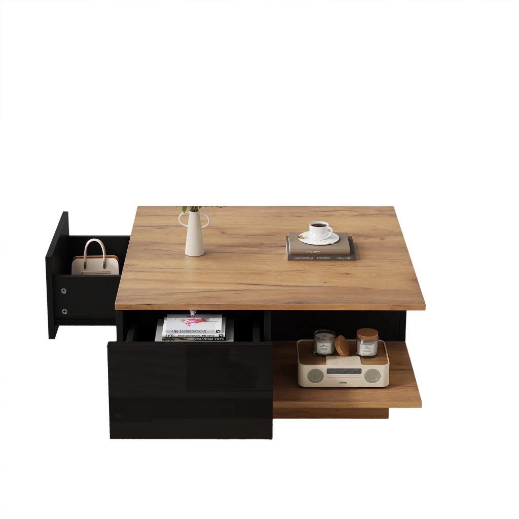 Tavolino da caff¨¨ quadrato 70 x 70 x 31,5 cm con 3 cassetti e vano aperto, colore nero e finitura legno