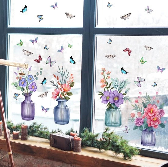 Decorazione per finestre estive fiori in vasi di vetro azzurro/viola I Sticker per finestre sticker per finestre fiori insetti da applicare direttamente woonkamer camera da letto cucina bagno decorazione per finestre