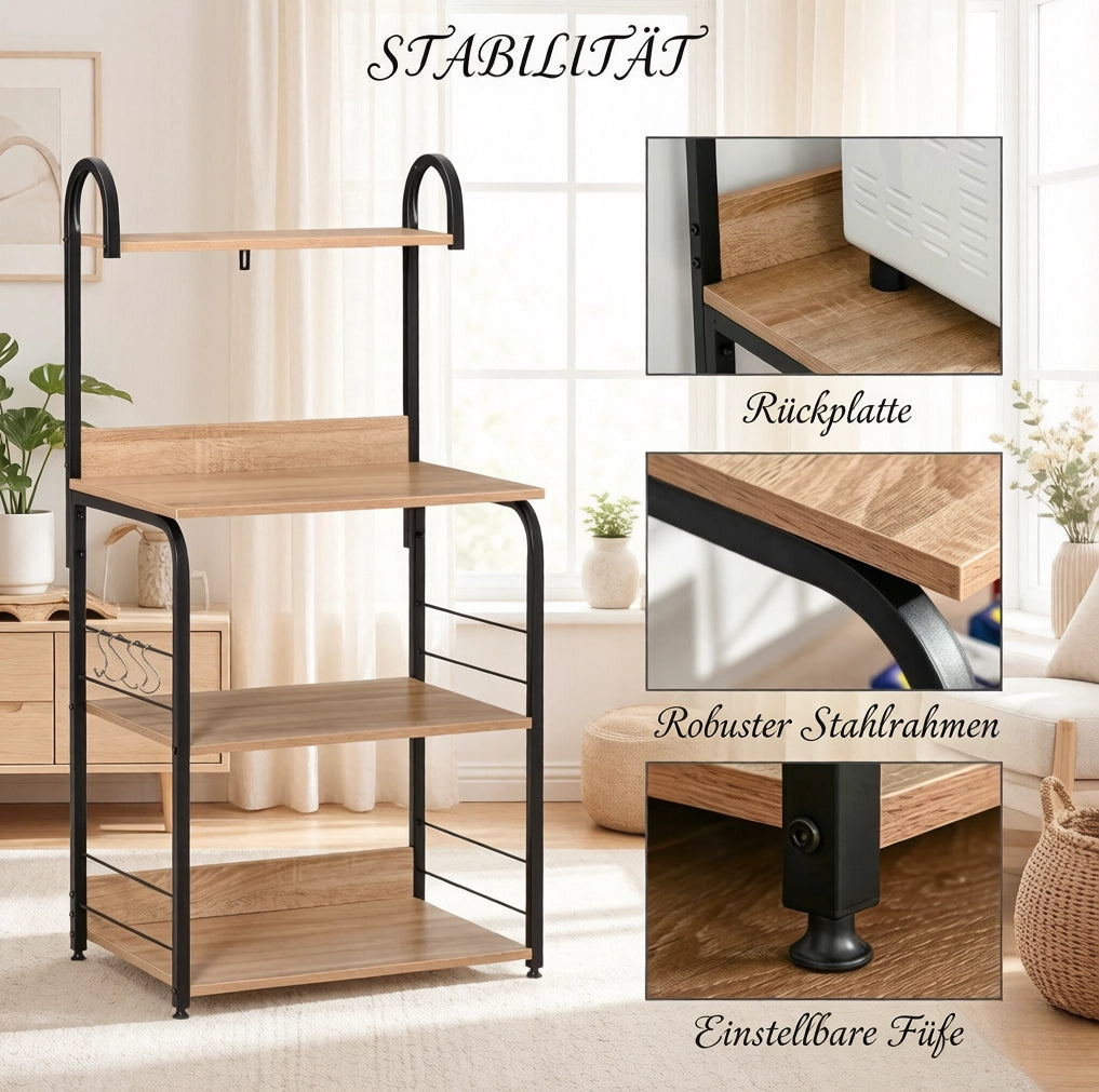 Scaffale da cucina a 4 livelli con ganci, nero e legno naturale