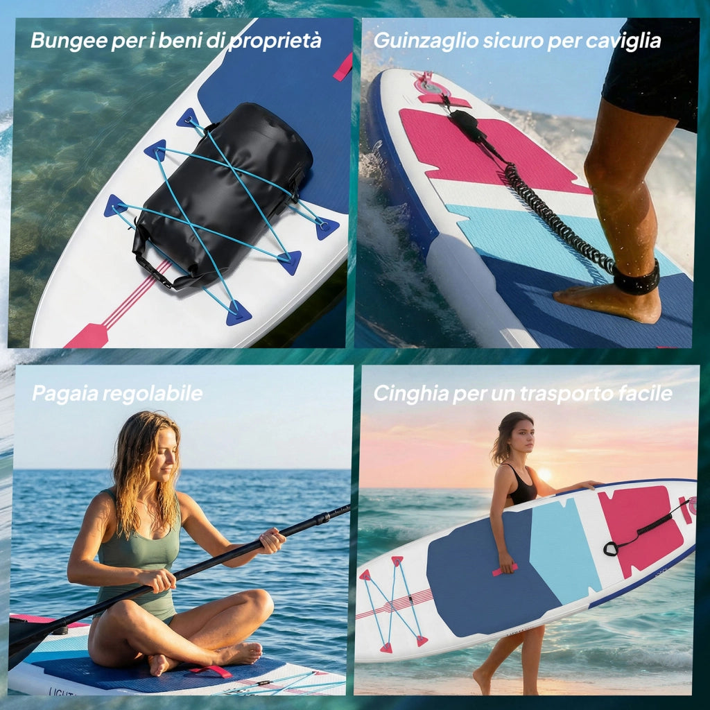 Tavola Sup Gonfiabile 305x89x15 cm con Sedile Pagaia e Accessori in Plastica ed EVA Blu Rosso Rosa