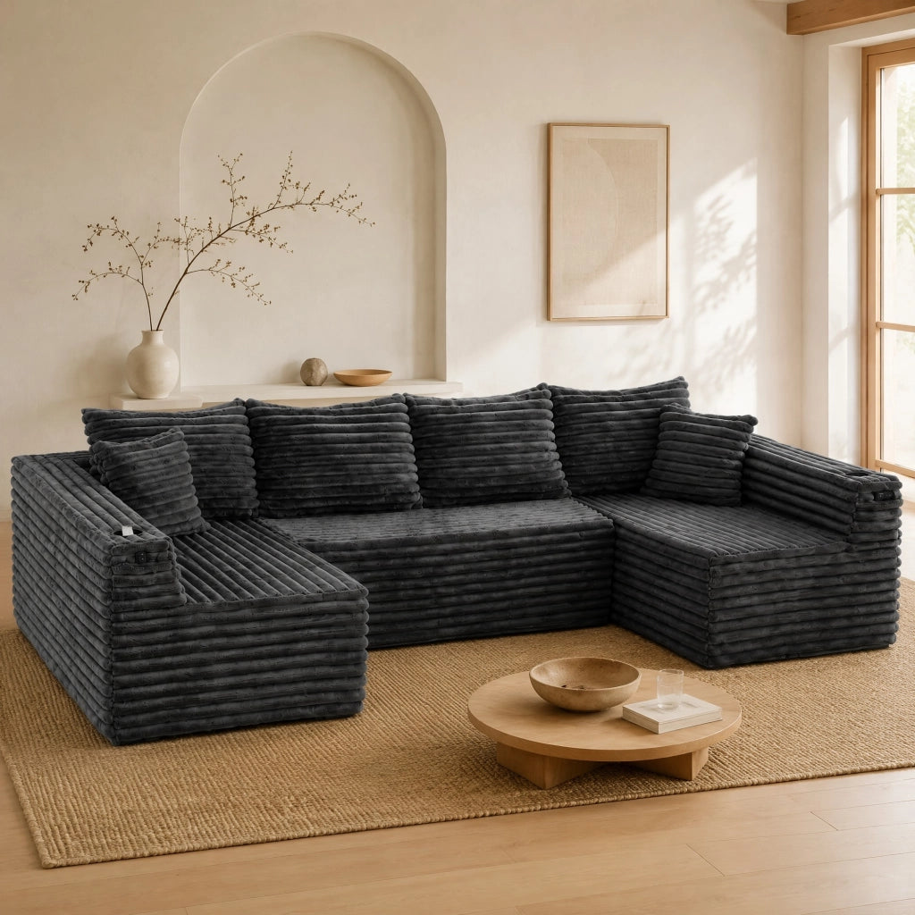 Divano panoramico a U Modulare con Portabicchiere e Tasca laterale, in Corduroy, Grigio scuro 320 × 155 × 88 cm