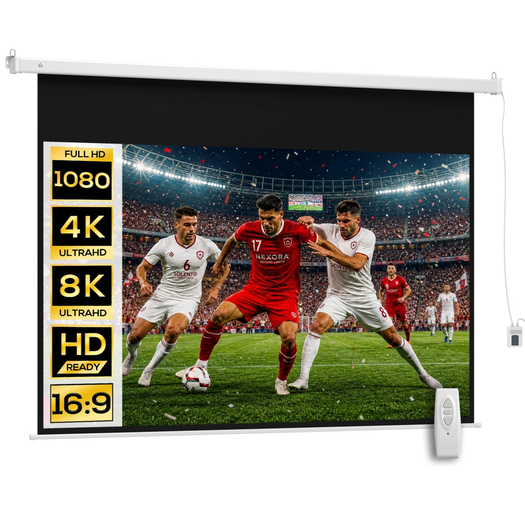 Telo Proiettore 100 Pollici con Telecomando. in PVC e Metallo. 247x7.5x168 cm. Bianco