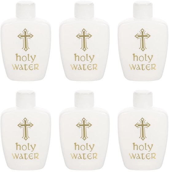 Set di 6 contenitori di plastica bianchi con croce dorata, contenitori decorativi per acqua santa, riutilizzabili, piccoli contenitori pratici per battesimo e celebrazioni cristiane