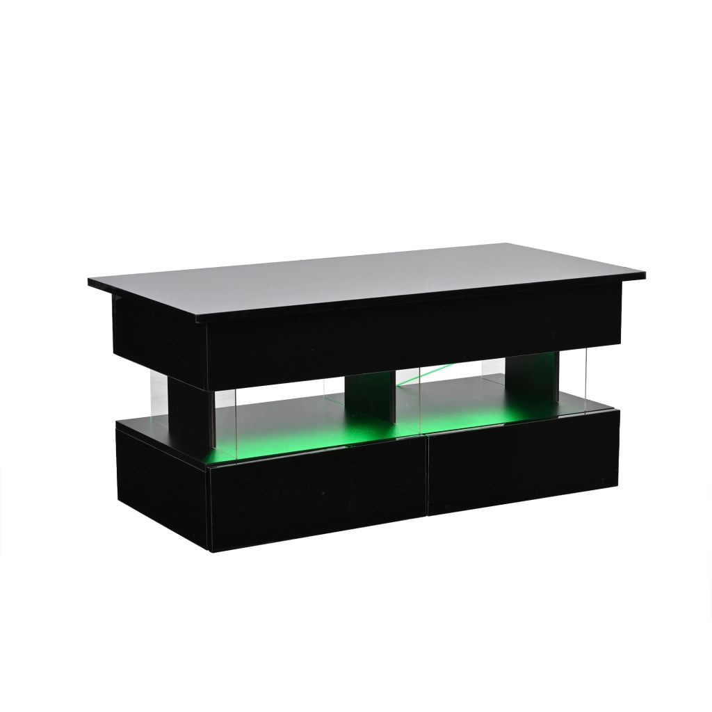 Tavolino basso sollevabile con 2 cassetti, vano contenitore e LED, in MDF, per soggiorno, nero, 100 × 50 × 46 cm