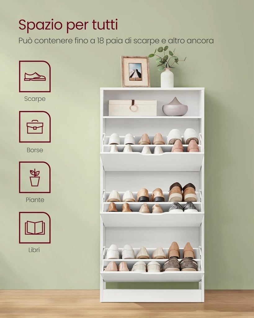 VASAGLE Scarpiera a 3 Ante a Ribalto, Scaffale Portascarpe, Scomparto Aperto, Divisorio Regolabile, 14-18 Paia, per Piccoli Ingressi, 24 x 60 x 139 cm, Bianco Nuvola LBC046W01