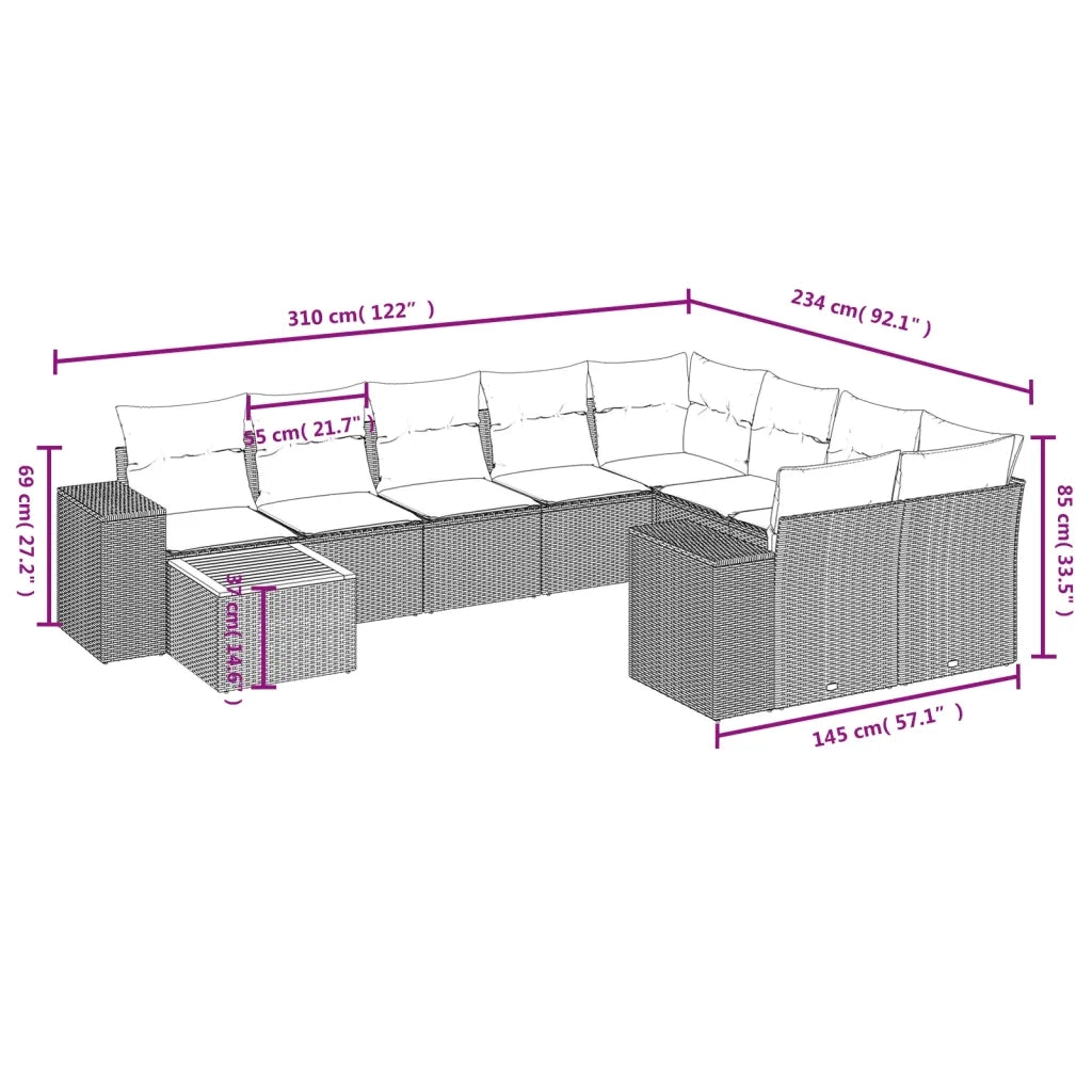 Set Divano da Giardino 10 pz con Cuscini Beige in Polyrattan