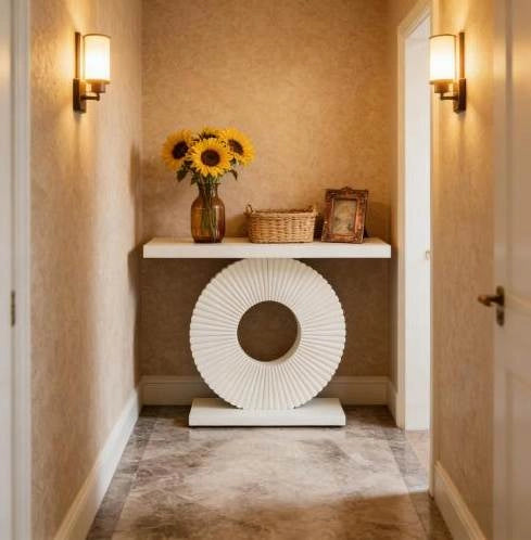 Tavolo consolle in MDF e metallo con struttura geometrica; bianco