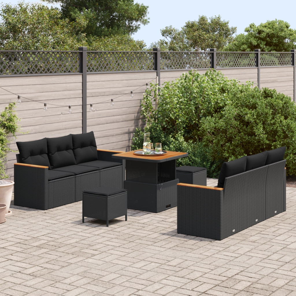 Set Divano da Giardino 9 Pezzi con Cuscini Nero Polyrattan Acacia