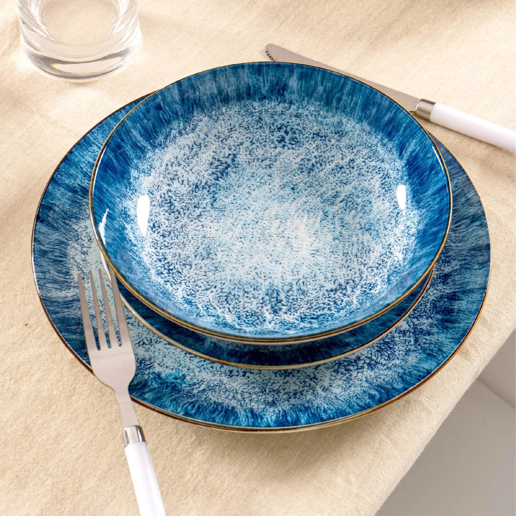 Set Piatti 18 Pezzi in Porcellana per 6 Persone Servizio Tavola Moderno Blu