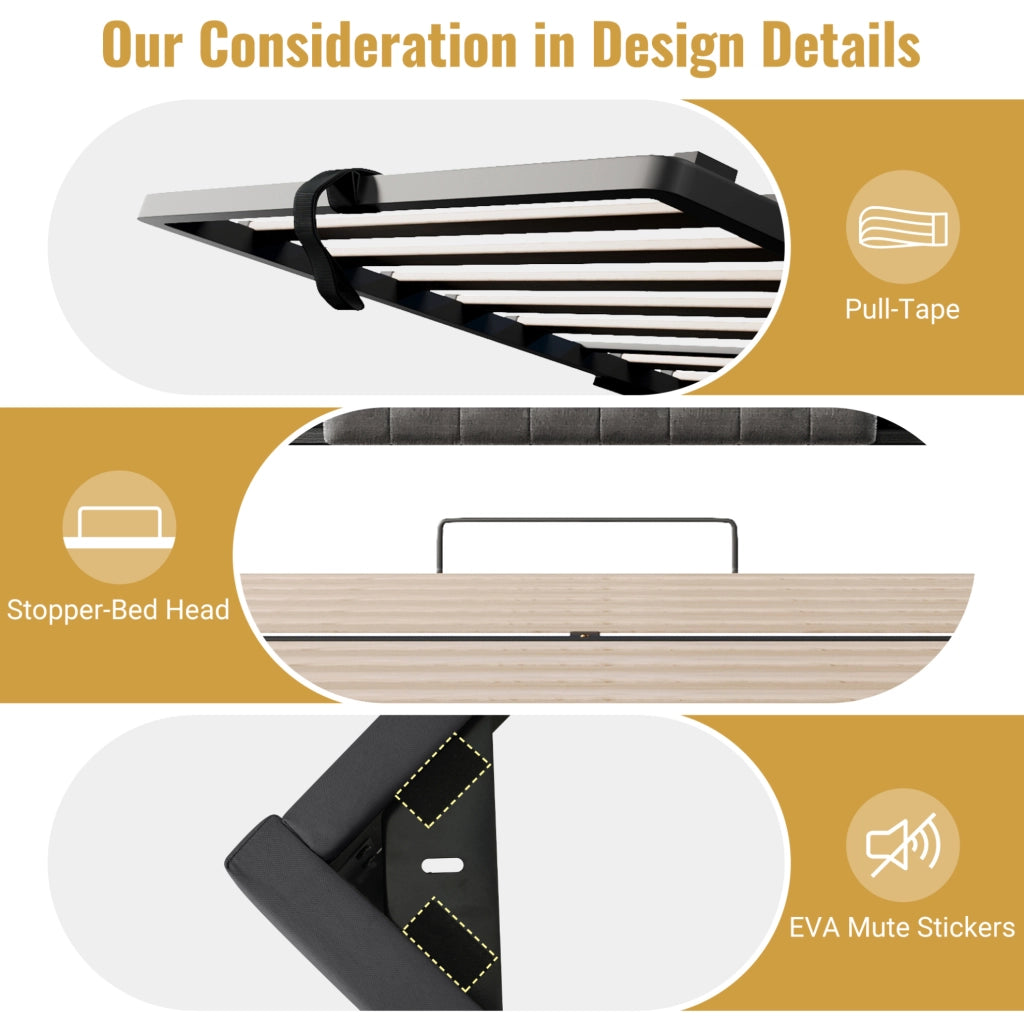 Letto imbottito ULEVR 140x190 cm con contenitore idraulico, LED, USB e USB-C, testiera con ripiani grigio