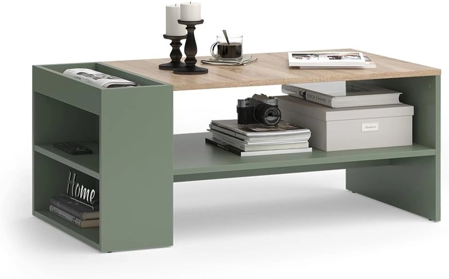 Tavolino da salotto Wido, Verde, 100 x 55 cm con ripiani, adatto per riporre riviste e telecomandi