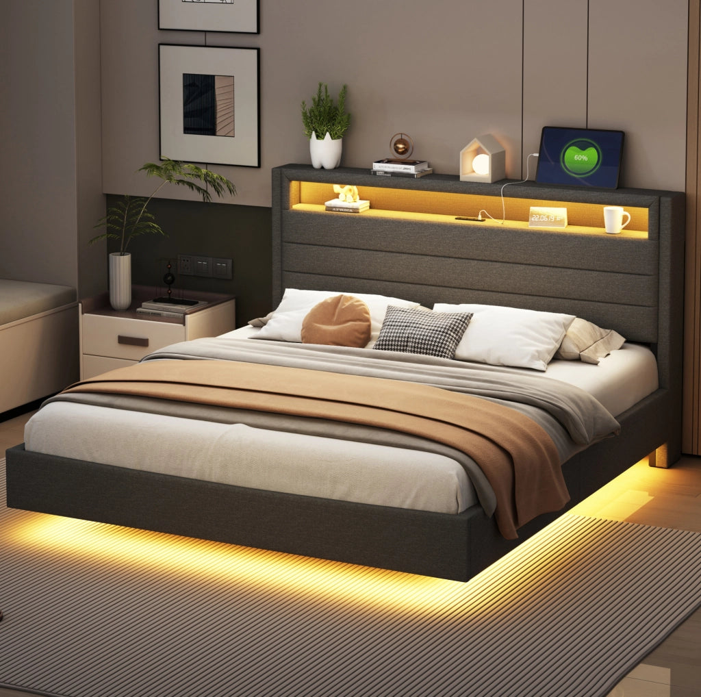 Letto imbottito 160x200 cm con USB e luci LED; tessuto effetto lino grigio (Senza materasso)
