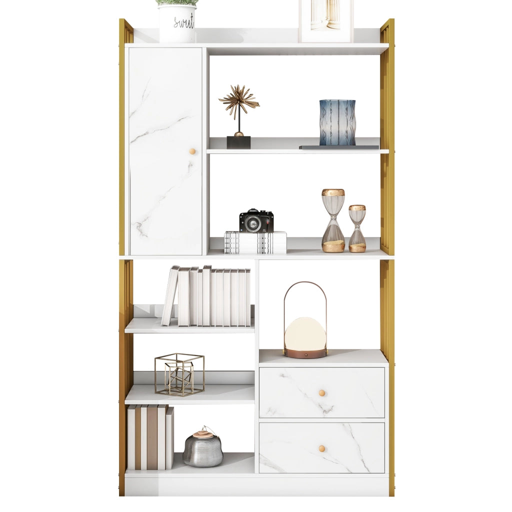 Libreria con ripiani aperti; cassetti e armadietti 100 x 30 x 173;5 cm; bianca e oro