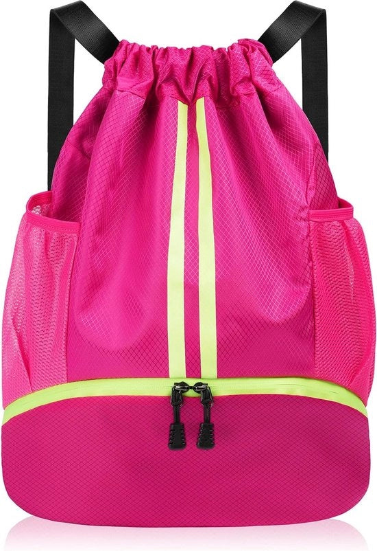 Zak da ginnastica con grande capacità, con corda per trainare, borsa da ginnastica impermeabile, borsa da ginnastica con tasche per bottiglia di acqua, per adulti e ragazzi