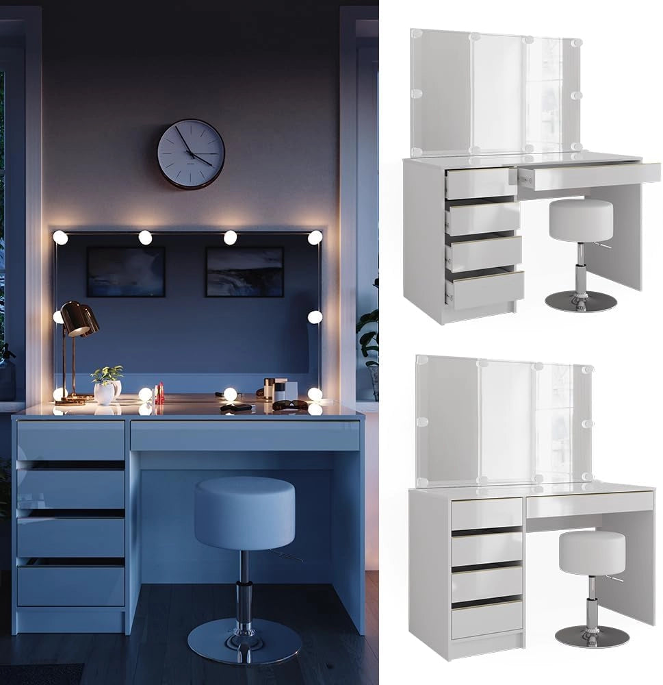 Vicco Tavolino da toilette Sherry, Bianco/Oro, 120 cm con illuminazione a LED e sgabello, con illuminazione LED e sgabello coordinato
