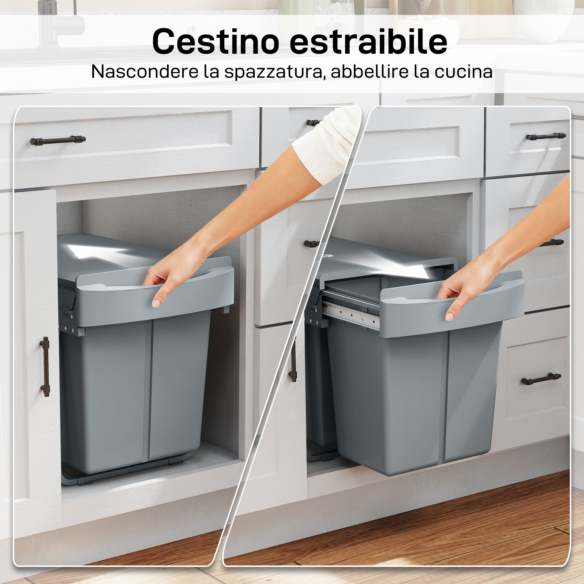 Pattumiera Estraibile Sottolavello per Differenziata 52x33.5x41 cm con 2 Secchi da 20L In PP e ABS Grigio