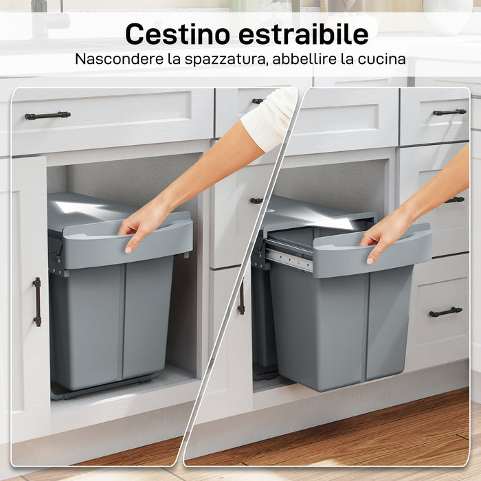 Pattumiera Estraibile Sottolavello per Differenziata 52x33.5x41 cm con 2 Secchi da 20L In PP e ABS Grigio