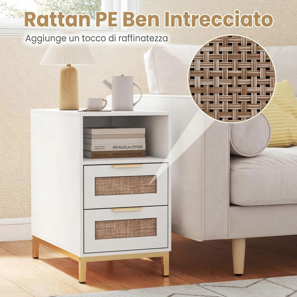 Comodino con Stazione di Ricarica Integrata, Tavolino da Notte Stile Boho in Rattan, 2 Cassetti & Ripiano Aperto, Piedini in Metallo Robusti, Mobiletto per Camera da Letto (Bianco,1)