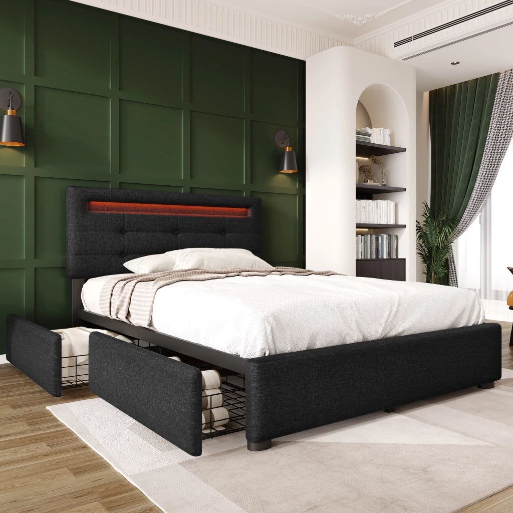 Letto con Cassetti Singolo; 2 Cassetti; LED Regolabile e Testiera Regolabile 90×200 cm; senza Materasso; Nero