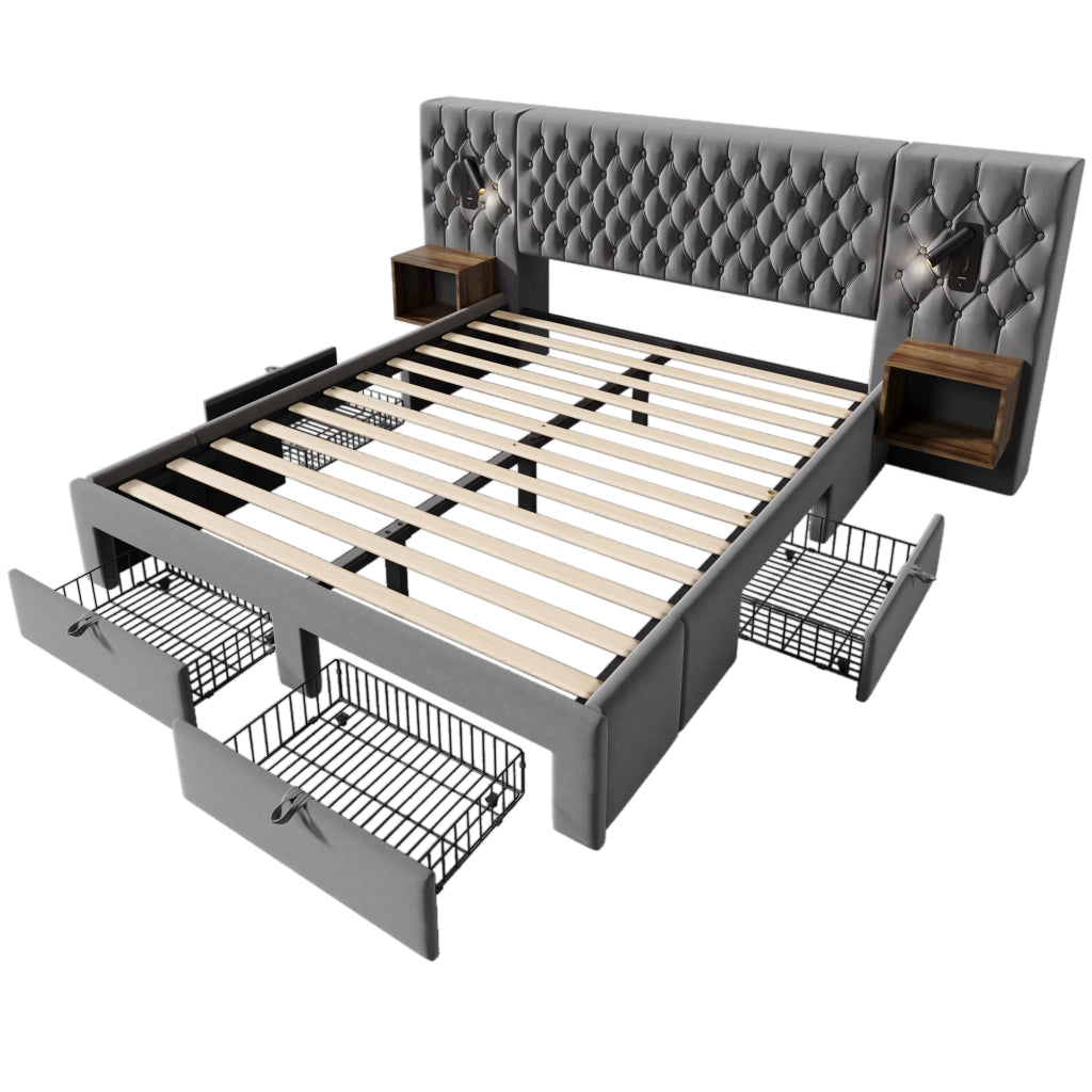 Letto matrimoniale 180x200 cm in velluto grigio con 2 comodini, 4 cassetti, lampade da lettura e ricarica USB-C