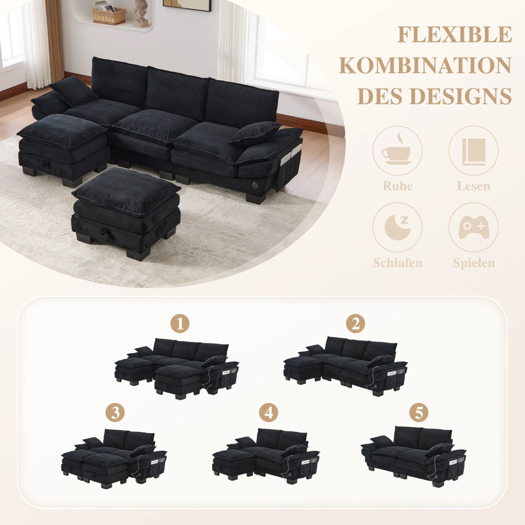 Divano modulare 3 posti con pouf, porta USB-C e tasche laterali, in velluto a coste nero 260 × 132 × 84 cm