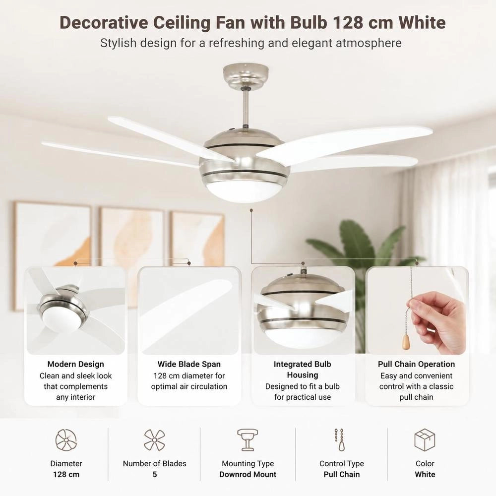 Decorative Ceiling Fan With Light Bulb, 128 Cm, White